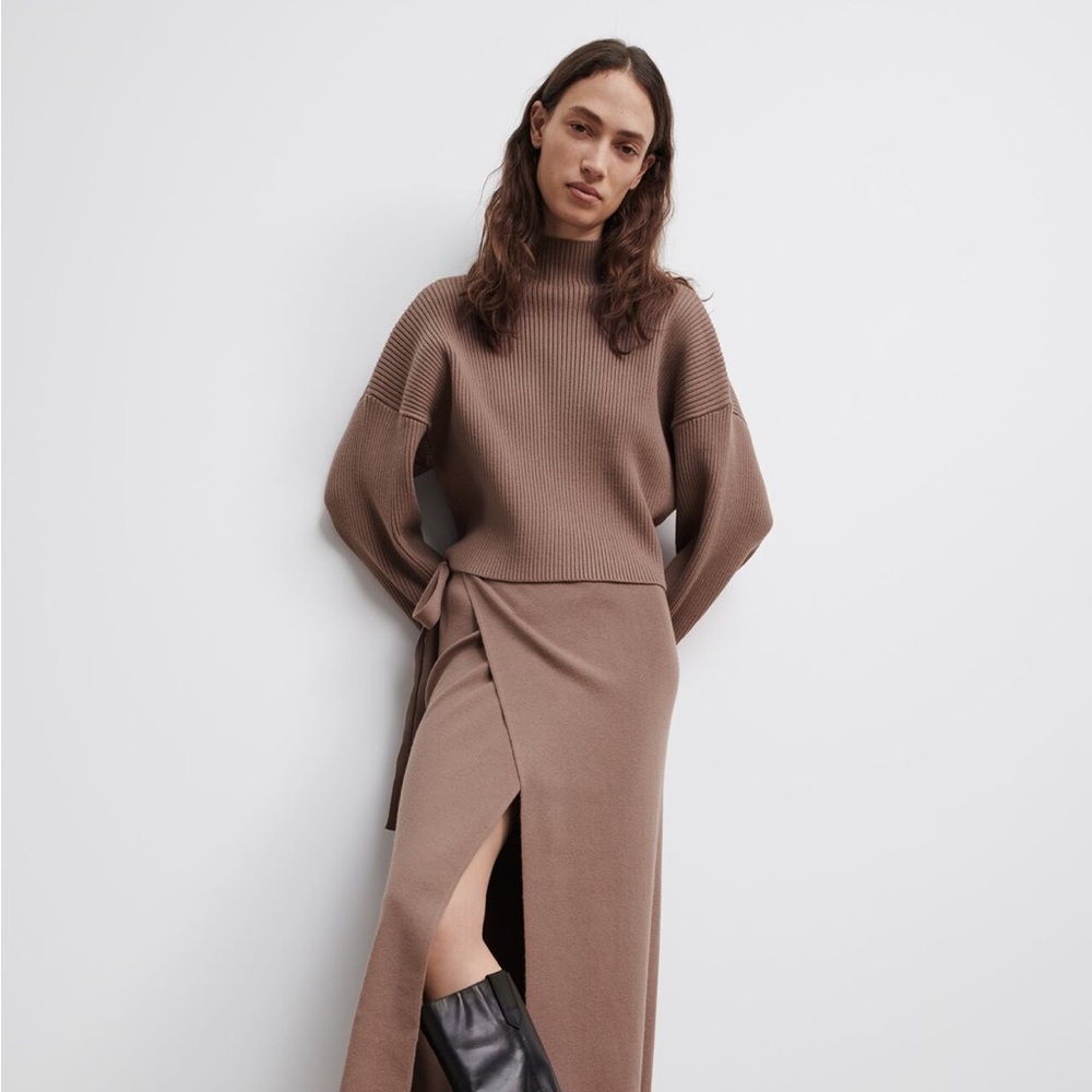 Zara Mock Neck Sweater Ribbed Knit Oversized Taupe Pink